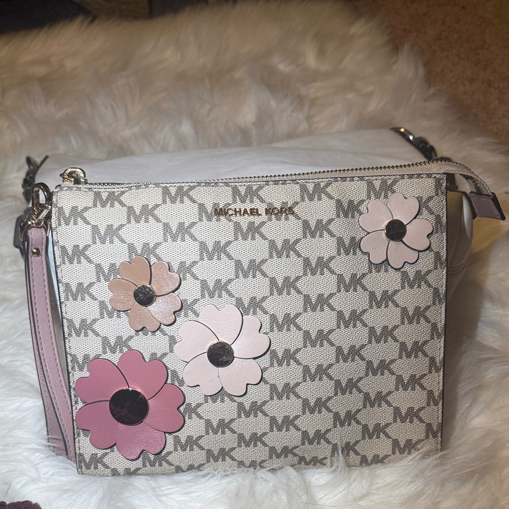Michael Kors Floral Applique Crossbody - Pink Mix on Signature MK